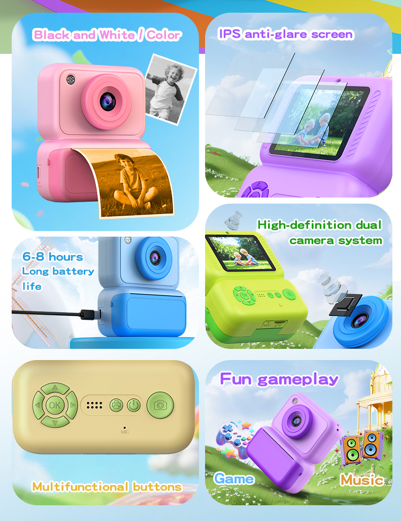 DLC Kids Instant Print Camera 4800W Dual Camera 1080P Video One Click Photo Printing Anti Glare Screen CMOS MP3 Filter
