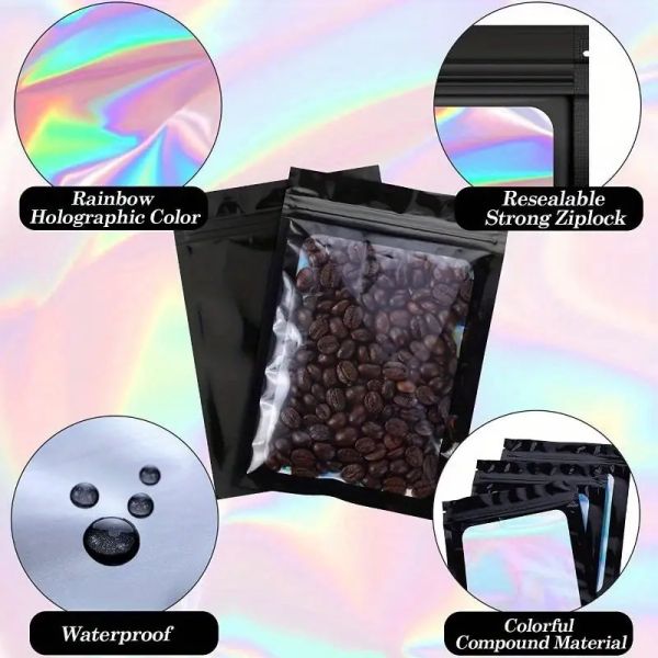 Holographic Aluminium Foil Zipper Bag with Transparent Window Resealable Plastic Small Mylar Bag with Hole