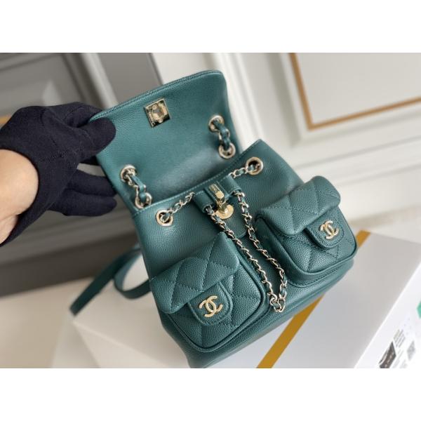 Litchi Chanel Designer Brand Backpack en cuir 23P nouvelle Duma Small Peacock Green