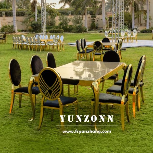 Modern Rectangular Dining Table With Stainless Steel Frame and Glass Top for Outdoor Events for Weddings Hotels