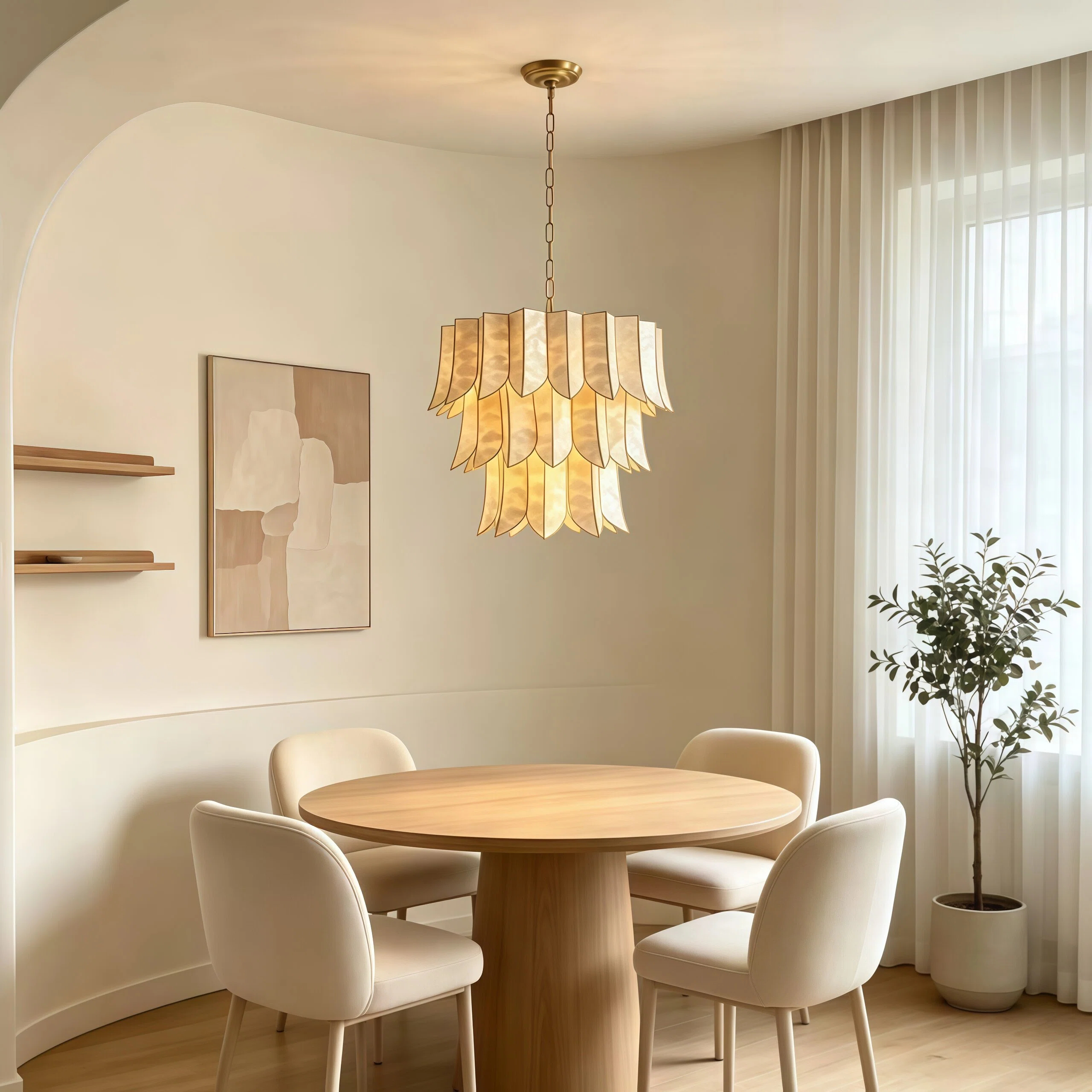 JYLIGHTING Multi-layer Petal Iron Electroplating & Natural Shell Chandelier, Vintage Tiered Shell Pendant Lamp for Villa Stairwell, Entrance Hall & High Ceiling Living Room