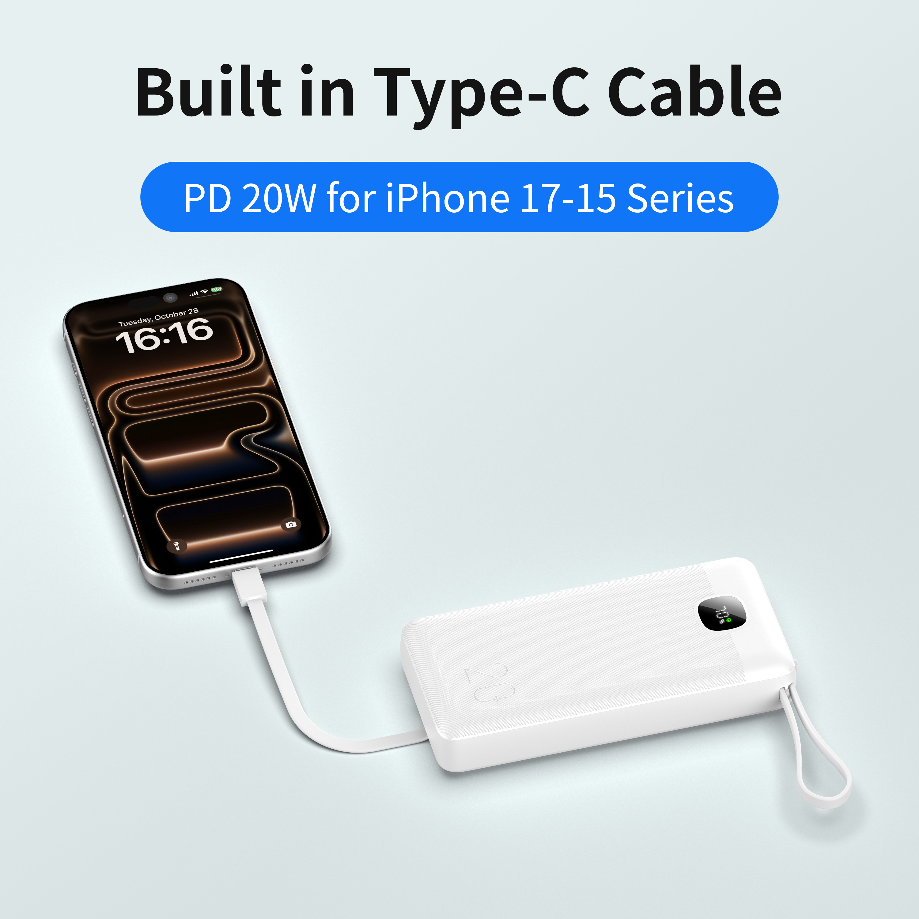 20000mAh High Capacity Fast Charging Power Bank, 3 Built-in Cables (Type-C, Lightning, USB), Dual Ports Type-C Input/Output & USB-A Output, LCD Digital Battery Display, CE FCC RoHS UKCA Certified Port
