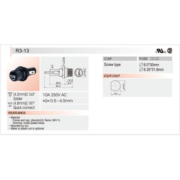 UL патрона предохранителя R3-13 250V 10A аттестовал плавкую часть предохранителя для взрывателей трубки 6x30 6x32