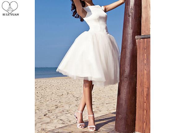 Off White Short Fitted Wedding Dress Sleeveless Top Satin Tulle Hems Back Zipper