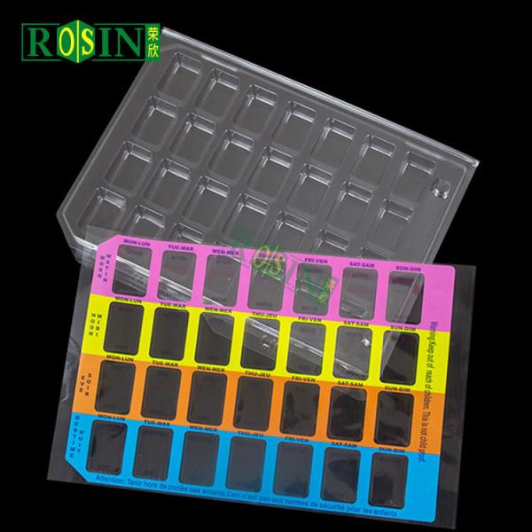 Envase portátil mensual de farmacia autoadhesivo con rejilla rasgada