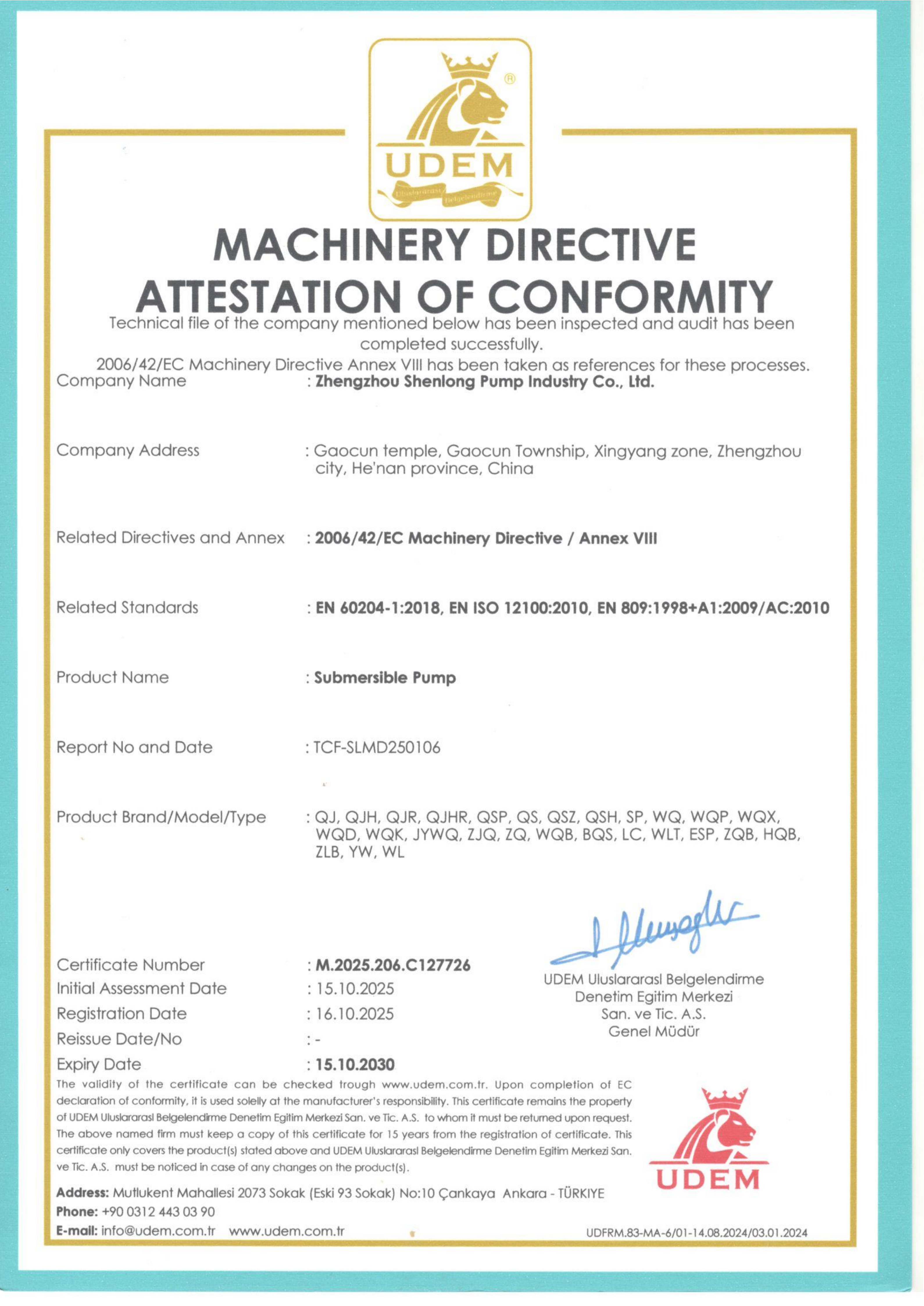 Zhengzhou Shenlong Pump Industry CO.,Ltd Certifications