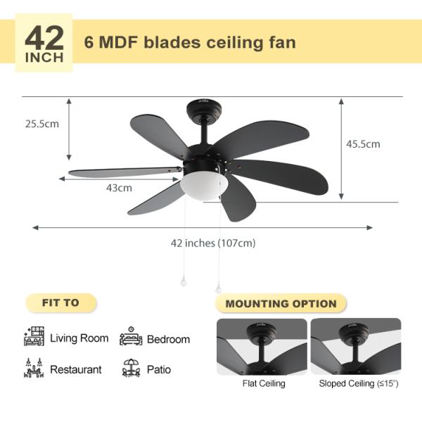 Control de pared ventilador de techo LED de 42 pulgadas con 6 hojas de MDF negro