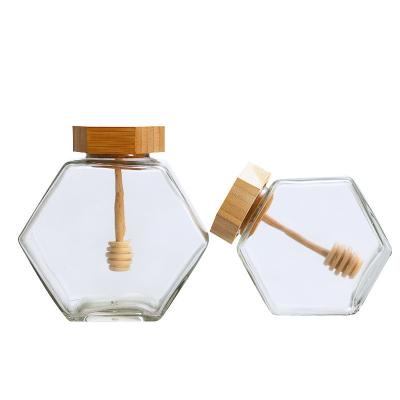 Empty Wooden Jar Lid 100ml 200ml 500g Hexagon Honey Jar With Dipper