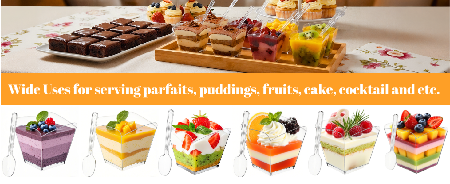 4 Oz Square Plastic Dessert Cups With Spoons, Clear Parfait Appetizer Cups, Mini Party Trifle Shooter Serving Cup For Mousse, Puddings, Cocktails Appetizers Fruit