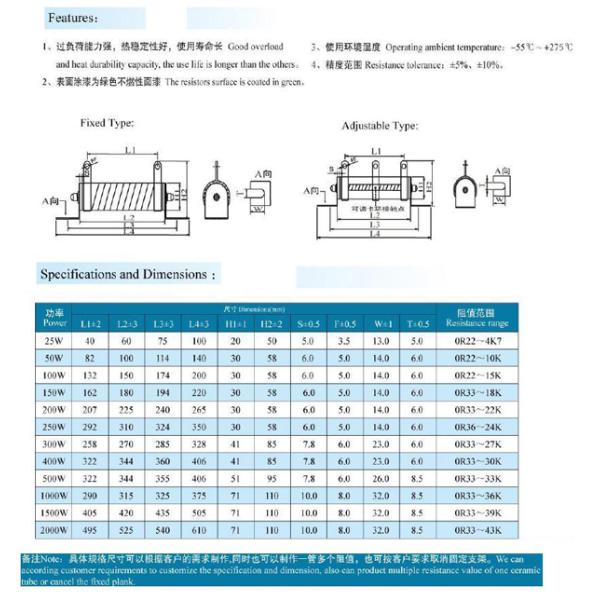 Adjustable Tube Ceramic Wire Wound power Resistor 25W 50W 100W 200W 300W 400W 500W 1000W  2000W