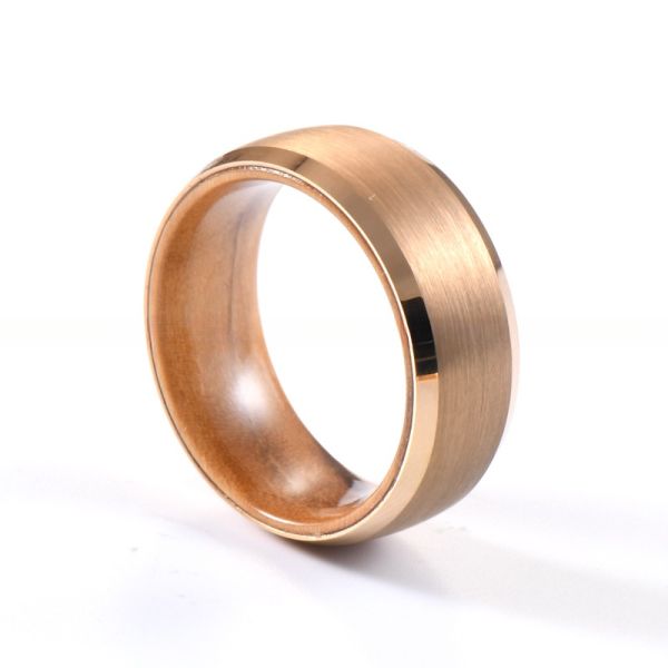 Geometric 8mm Mens Wooden Wedding Ring with Olive Wood Insert Rose Gold Tungsten Carbide Beveled Edges Comfort Fit