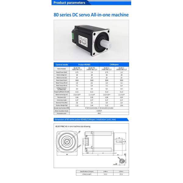 Lichuan Integrated Servo Motors Driver Pulse/RS485/CANopen Control 750W 2.4N.m DC48V 20/25A 3000RPM IP65