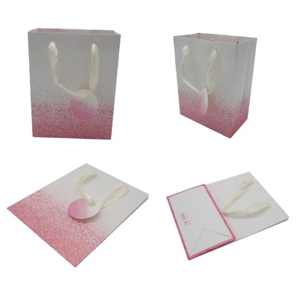 Glitter Ribbon Paper Shopping Bags With Handles , Luxury Printed Shopping Bags With Tags