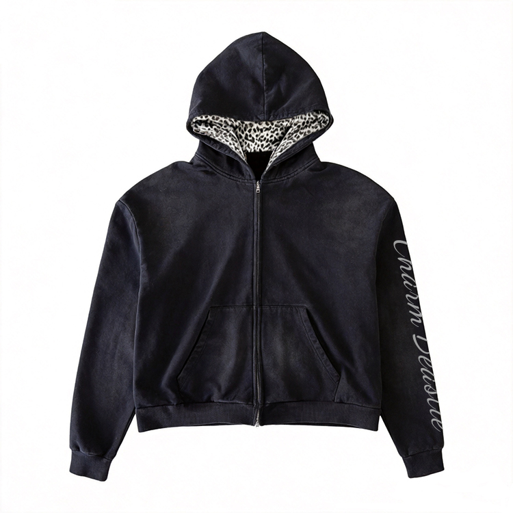 A529 Chiying Vintage Washed Zip Up Hoodie Men Leopard Lined Hood Oversized Cursive Print Streetwear Jacket