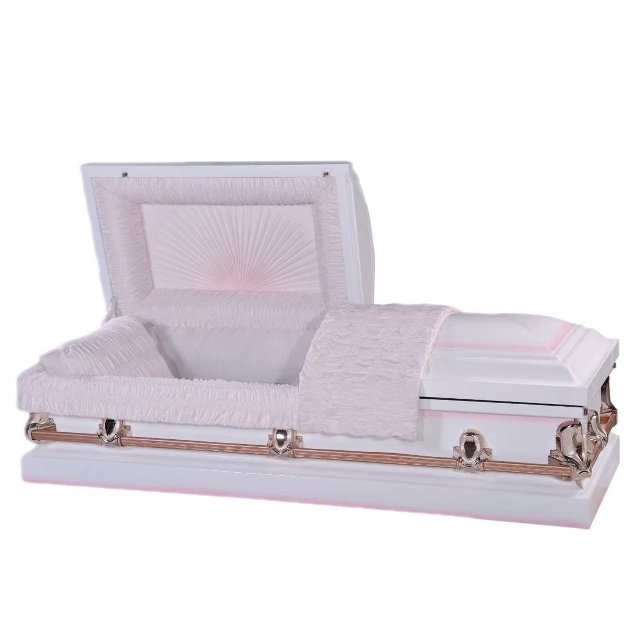 Half Couch Metal Coffin, White Pink Two-tone Shell,  Adult Funeral Coffin
