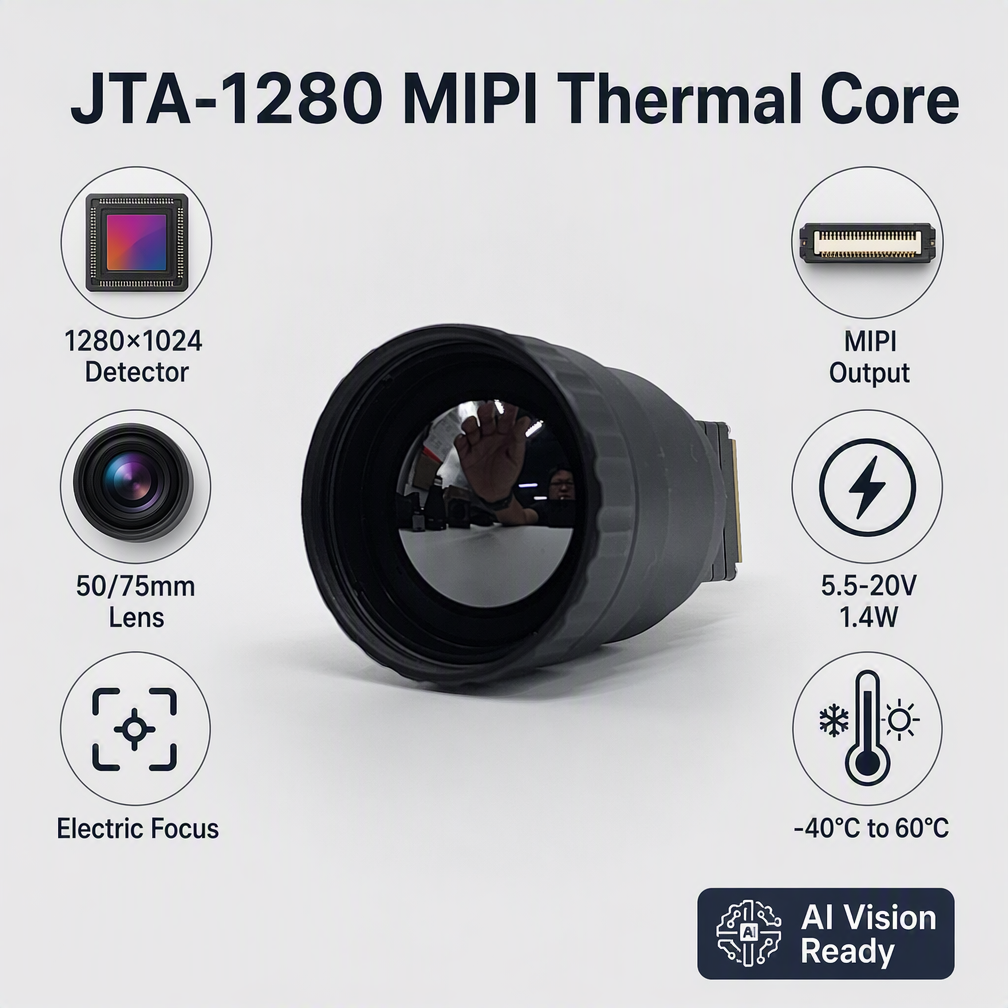 JTA-1280 1280×1024 Uncooled VOx Thermal Core Module MIPI Output 50mm 75mm Electric-Focus Lens ≤40mk NETD Shutterless 5.5-20V 1.4W OEM Core for Drone UAV AI Vision Night Inspection