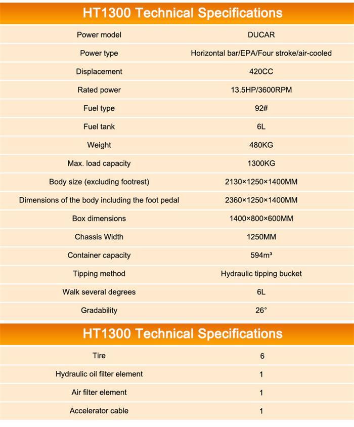 1300kg Load Capacity Gasoline Dump Truck with 6L Fuel Tank