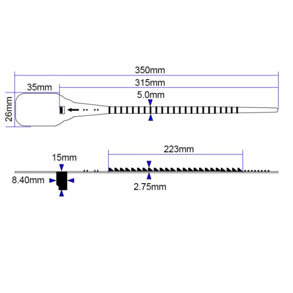 350*26*14.8 mm Pull Tight Plastic Security Seal with 280 N Tensile Strength and Laser Print
