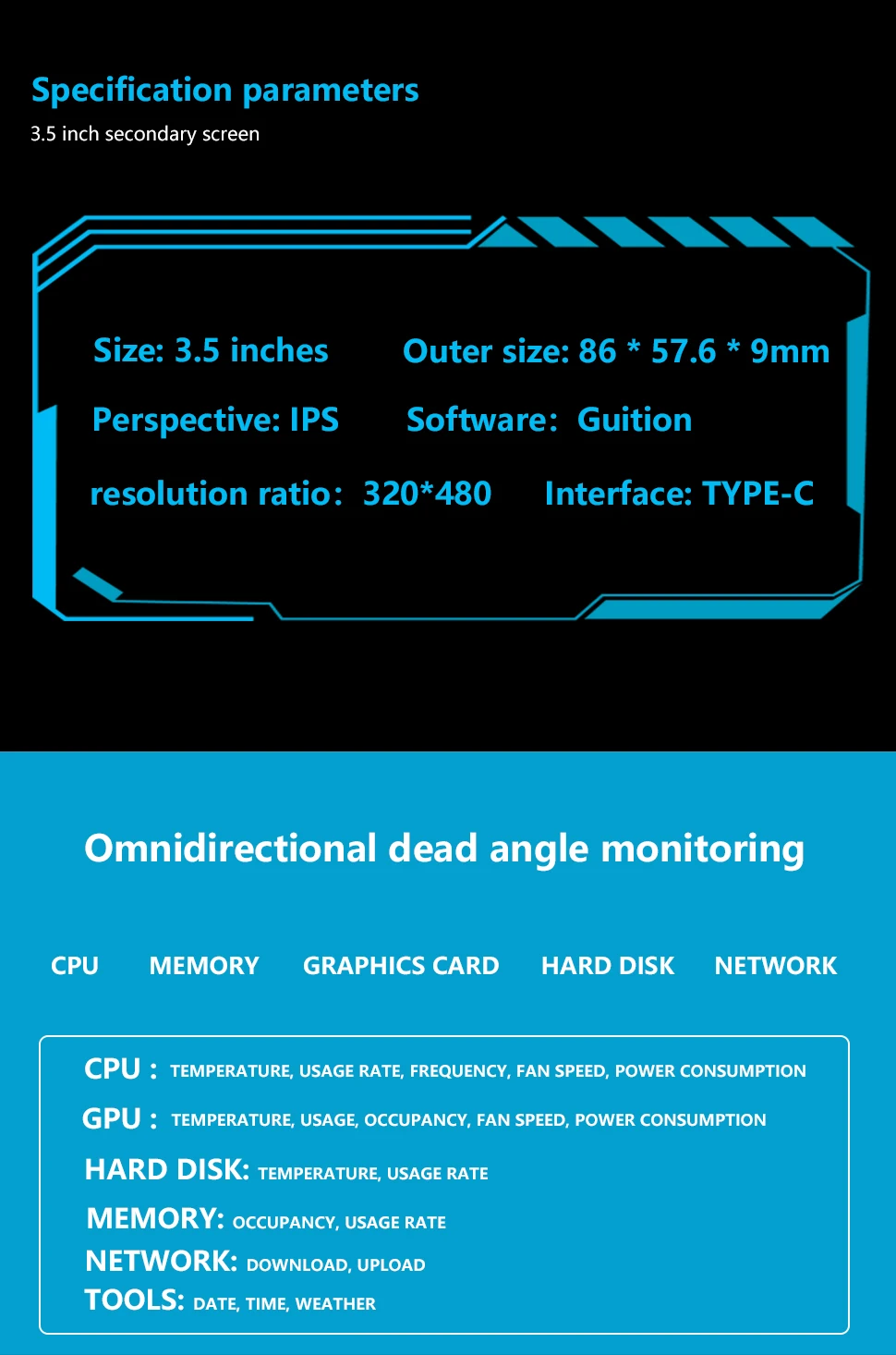 3.5 Inch IPS Type-C Secondary Screen Computer CPU GPU RAM HDD Monitor USB Display For Freely AIDA64 mini monitor