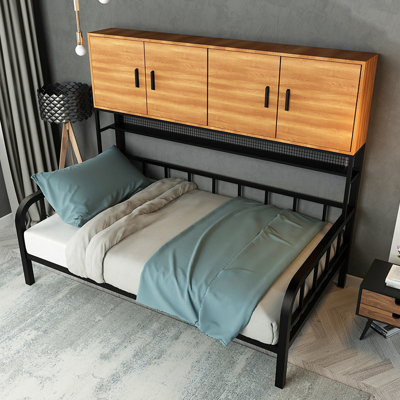Kid's Single Dormitory Bed Loft Bunk Bed Sets with Wood Storage Boxes and Metal Frame
