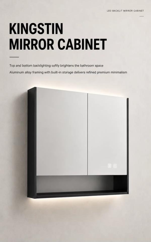 Kingstin LED Backlit Mirror Cabinet, Anti-Fog Aluminum Alloy Smart Bathroom Medicine Cabinet with Storage & USB
