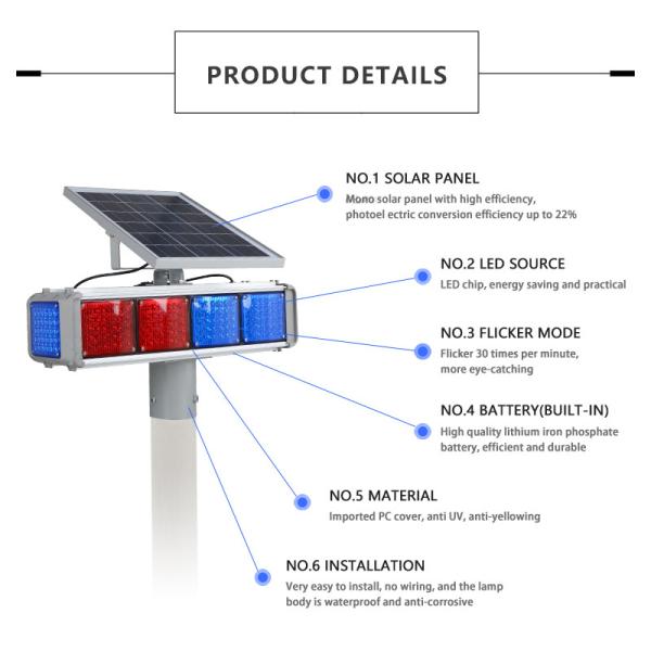 Solar LED warning light | outdoor construction light | signal strobe light red and blue four lights | double-sided road