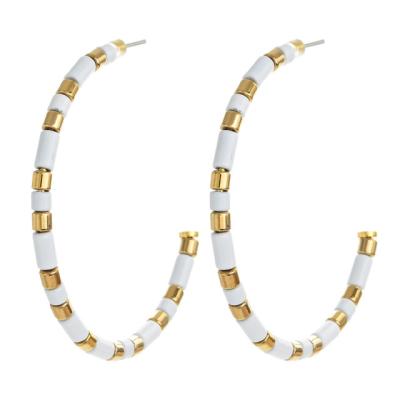 45mm Open Circle Beads Enamel Hoop Earrings C Shape White And Gold