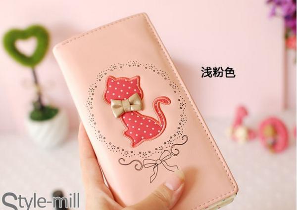 New Korean cute cat print bow candy-colored Japanese girls wave point zipper long wallet