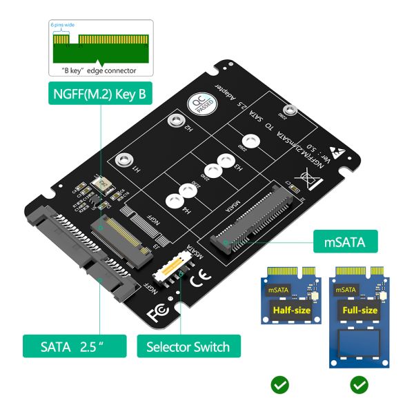 Top Quality NGFF(M.2) Key B /MSATA to SATA 2.5 Adapter 2-in-1 Combines M.2 NGFF Key B & MSATA SSD with SATA3 Adapter.