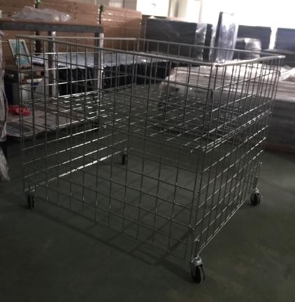 CHROME DUMP BIN W/ 3 CASTERS, ADJUSTABLE BOTTOM, 38L x 38W x34 3/4H, 4 CASTERS RETAIL DISPLAY
