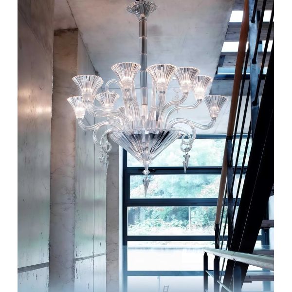 JYLIGHTING Clear Tinted Crystal & Glass Chandelier, Murano-Style Curved Arm Pendant Light for Luxury Living Room & Hotel Lobby