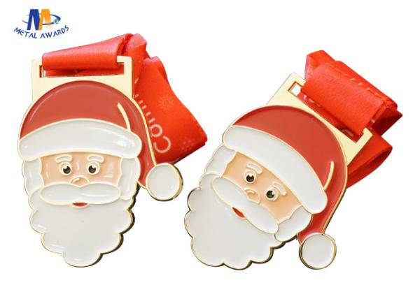 Santa Claus And Christmas Metal Stock Medals With Enamel And Sublimated Ribbon