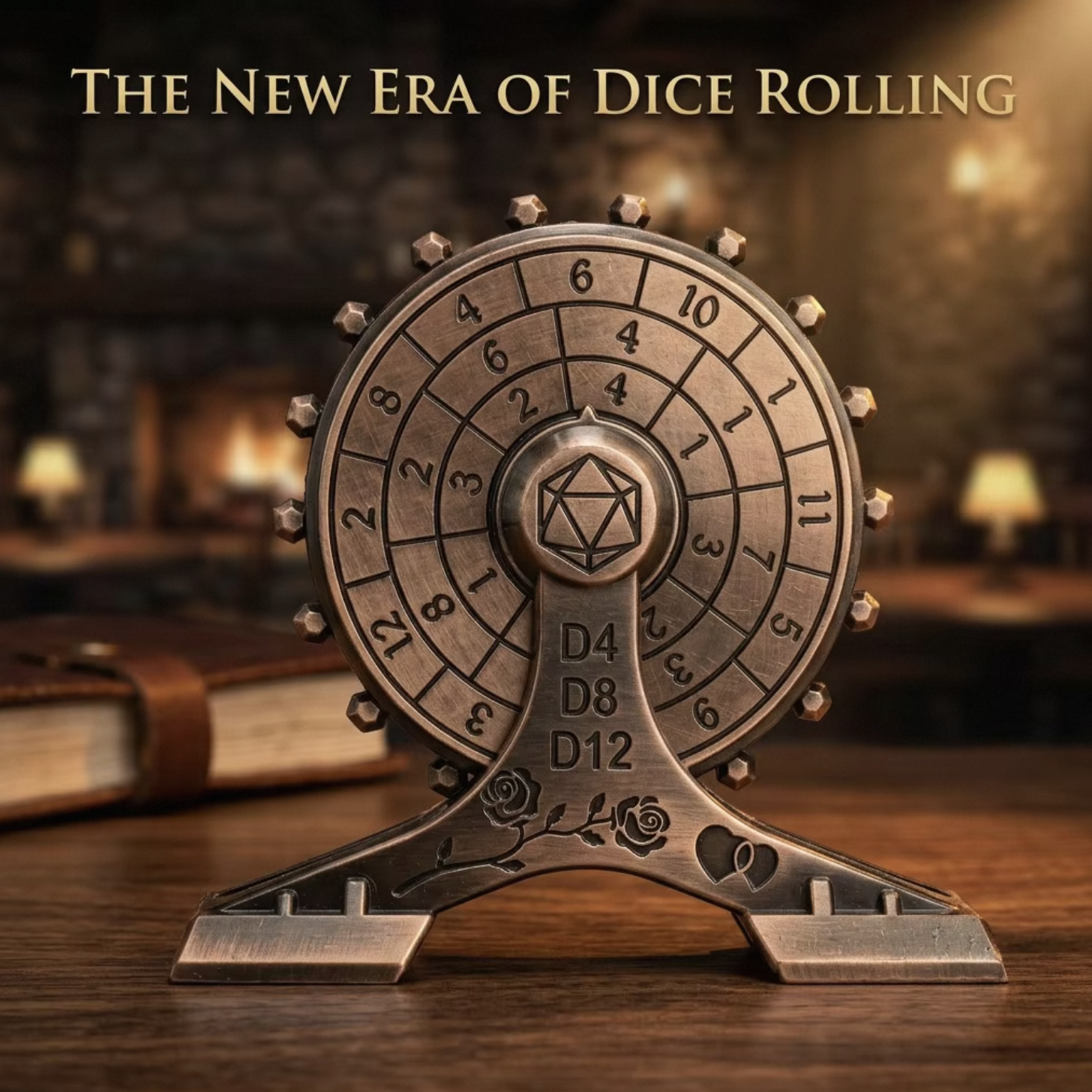 Solid Zinc Alloy Dice Wheel with Silent Bearing and Vintage Rose Carved Design for DND TRPG Games