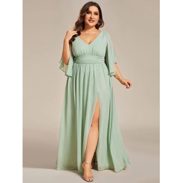 Plus Size A-line Half Sleeves V-neck Ruffled High Slit Purple Orchid Chiffon Evening Dress