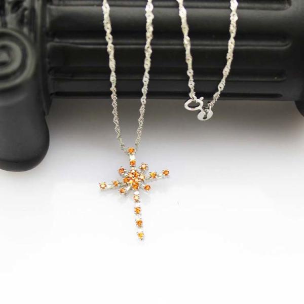 Women Jewelry 925 Silver  Pink Cubic Zirconia Cross Pendant Necklace  (P37)