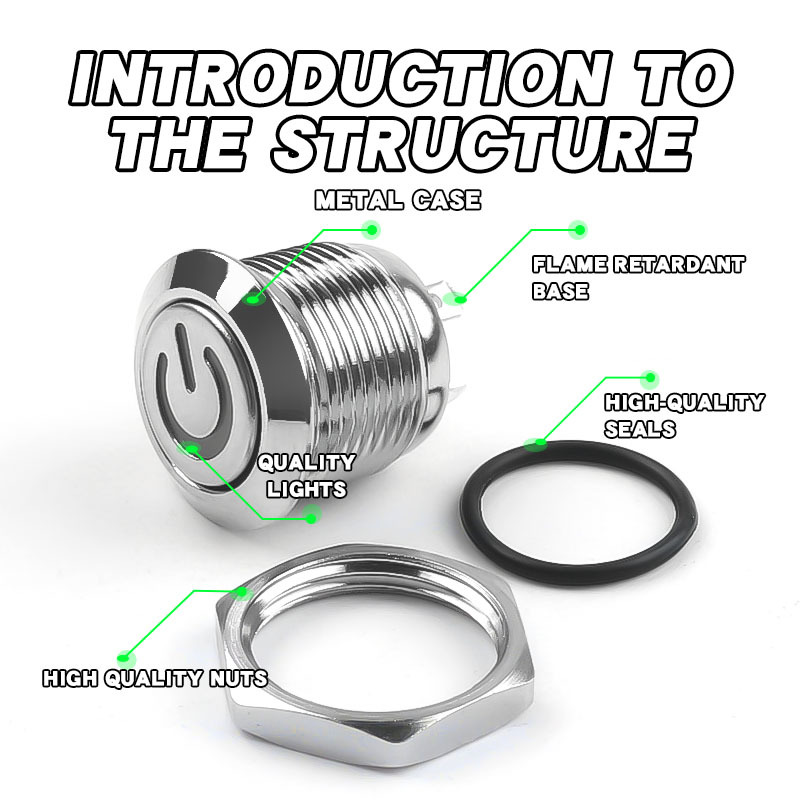 Short-Throw Self-Reset Momentary 12mm LED  Metal Push Button Switch Waterproof IP65