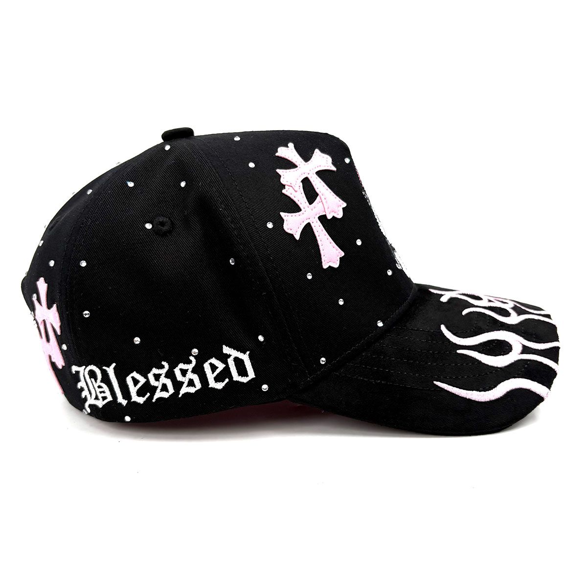 Dragon Ball Hat Gorra Embroider PU Crosses Patch Gamuza Visor Bling Rhinestone Fire Flames On Suede Brim White Shiny
