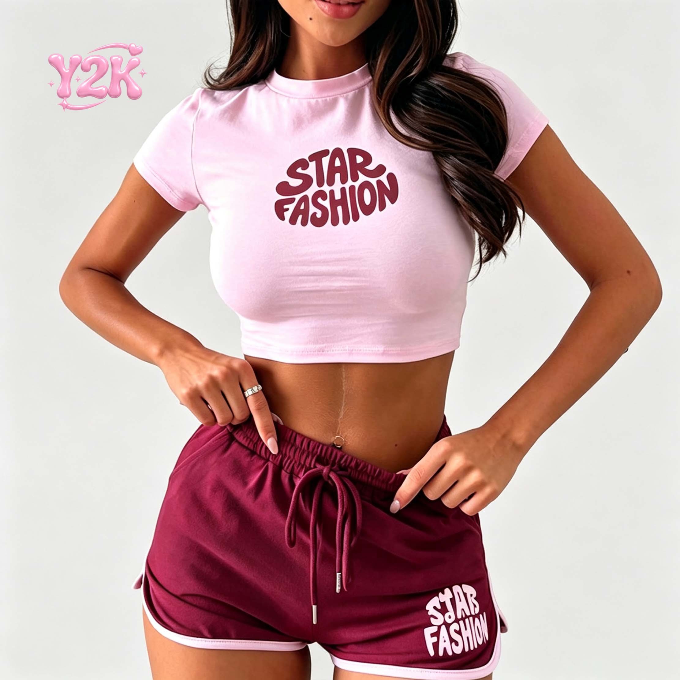 Custom Star Print Slim Fit T-Shirt & Mini Shorts Casual Set
