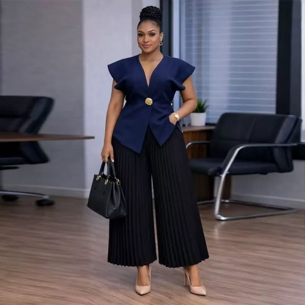 Elegant Women's Two-Piece Set with Pleated Wide-Leg Pants and Structured V-Neck Top Featuring Gold Accent Button