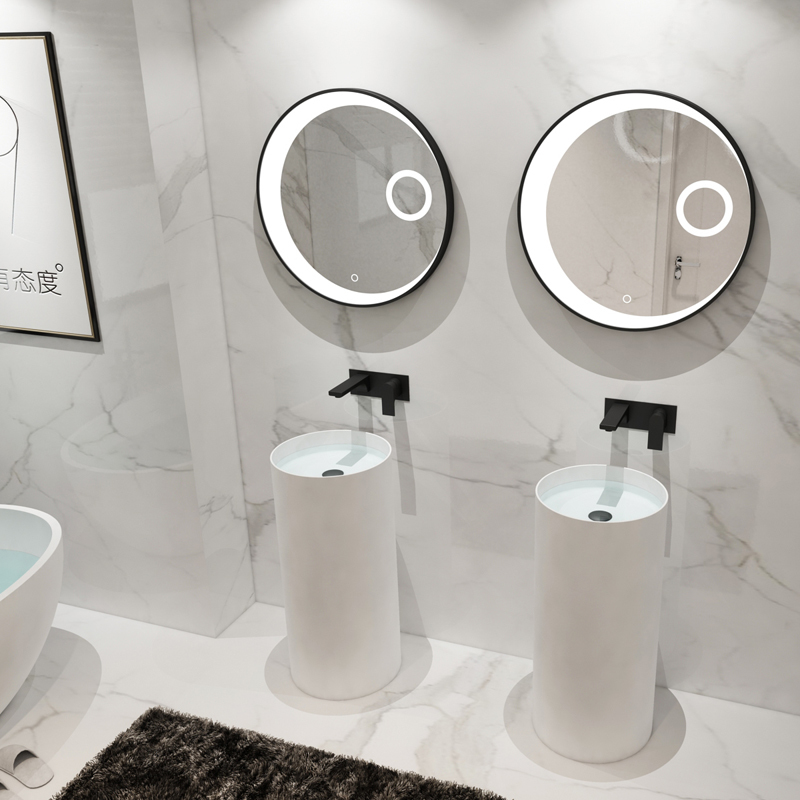 Standalone Cylindrical Bathroom Pedestal Basin Solid Surface Sink For Luxury Hotel