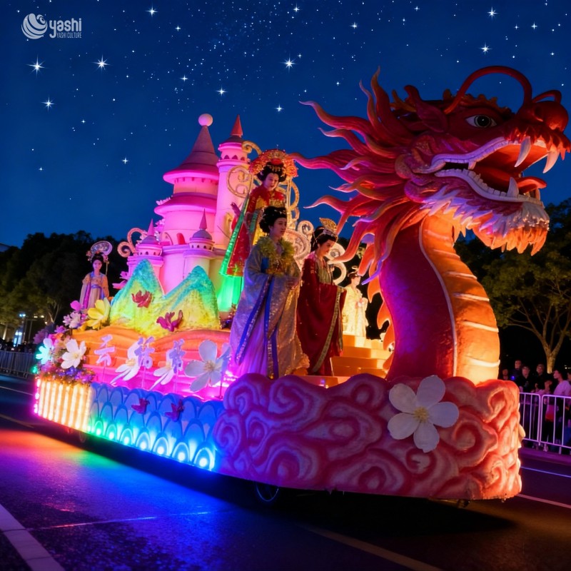 Custom God of Wealth Parade Float Zigong Lantern, Caishen with Golden Ingot LED Light Sculpture, Waterproof Chinese New Year Parade Light Installation