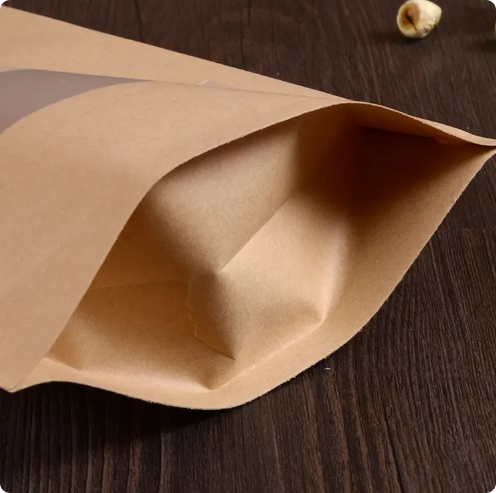 Eco Friendly Kraft Paper Stand Up Pouches Food Grade Resealable Clear Window Storage Bags for Snacks Coffee Home Kitchen