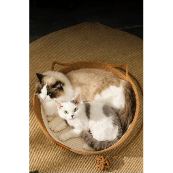 Handmade All-Season Cat Bed Solid Pattern Rattan Woven Pet Nest Winter Warm Removable Washable Pad Scratch Board Small Animals