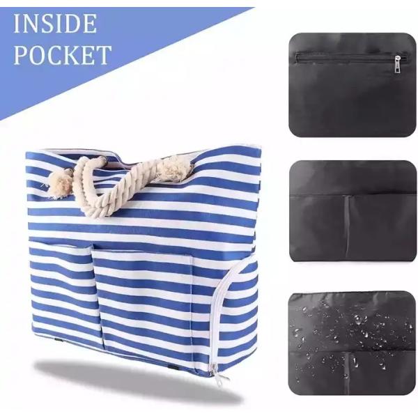 Extra Large Zipper Washable Beach Tote Two Compartment Waterproof With Front Pocket