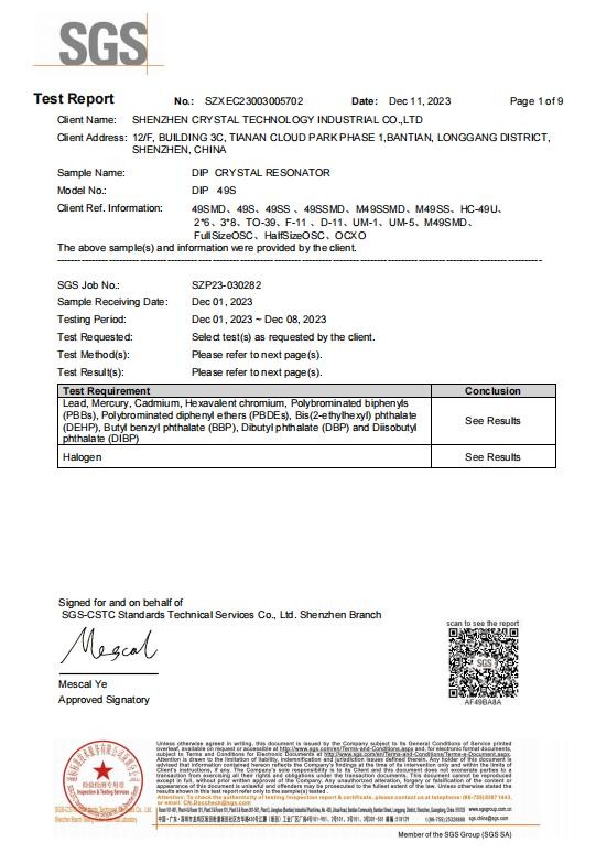Shenzhen Crystal Technology Industrial Co., Ltd. Сертификации
