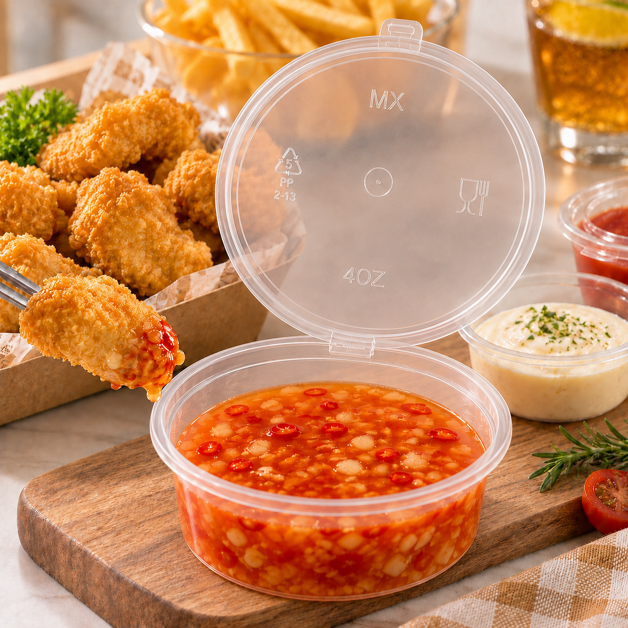 100ml Large Round PP Sauce Cup Hinged for Dressings Snacks Dessert Sides