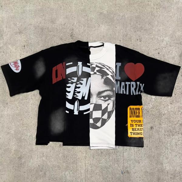 Fabricante de prendas de vestir Panel de ropa callejera Color personalizado Boxy Tee Acid Wash Sol desvanecido Vintage Hem Cut Sew Splicing Camiseta para hombres