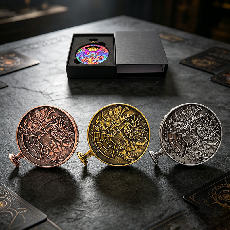 Luxury Zinc Alloy Metal Dice Spinner with 3D Dragon Relief and Press-to-Spin Mechanism for DND RPG Gaming