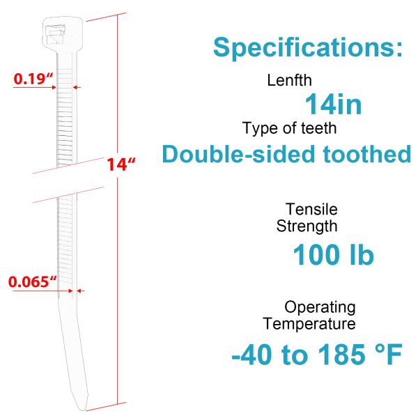 55 LBS Tensile Strength 12 Inch Nylon Cable Wrap Double Sided Black Plastic Cable Ties