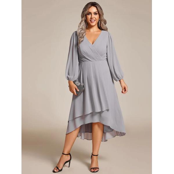 Plus Size Ruffled A-line Long Sleeve V-neck High Low Wedding Guest Navy Blue Chiffon Bridesmaid Dress